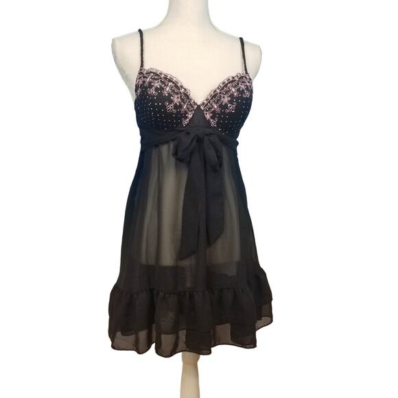 INNER SECRETS Womans BLACK Sheer Babydoll Built in Bra Adjustable fit size Lg - Picture 2 of 9